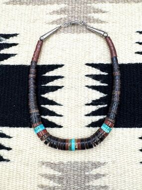 Native American Sterling Turquoise Pipe Stone Heishi Beaded Choker Necklace